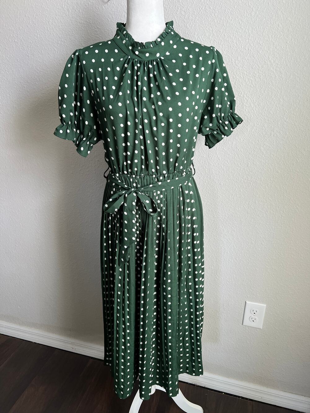 CDM Green Polka Dot Vintage Inspired Midi Dress Women's L Retro Romantic NEW